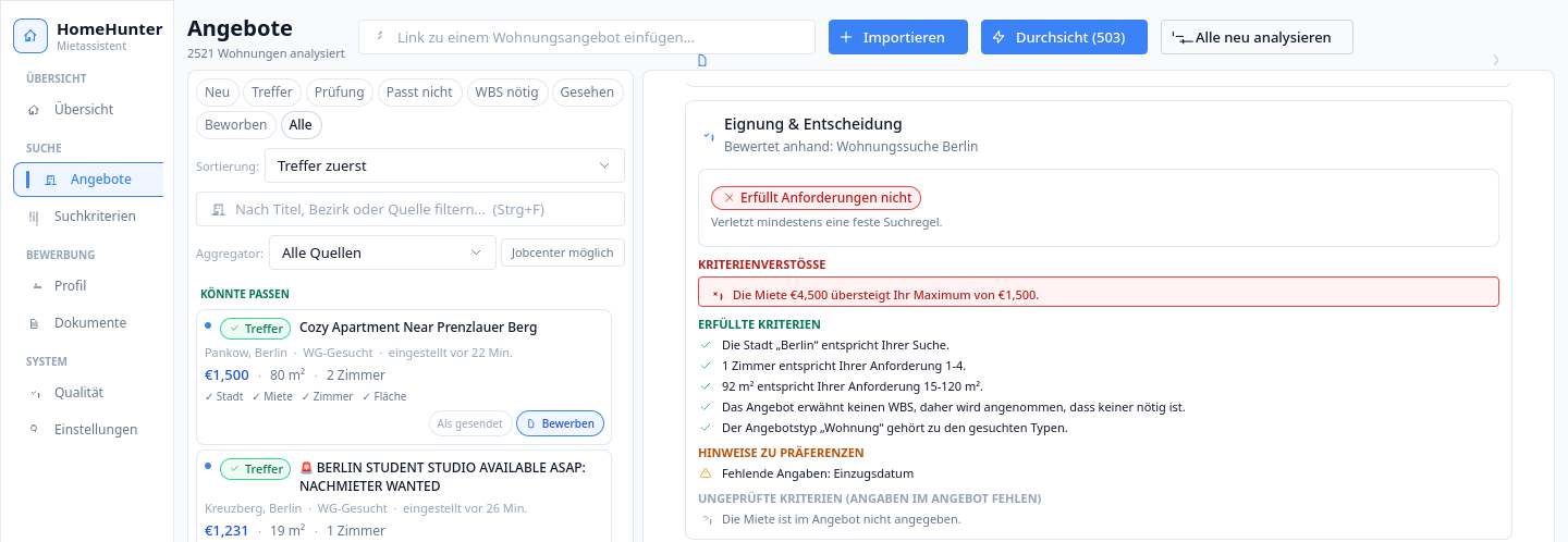 Das Urteil zu einer abgelehnten Wohnung: die verletzte Bedingung in Rot, darunter die erfüllten und die vom Inserat nicht beantworteten.