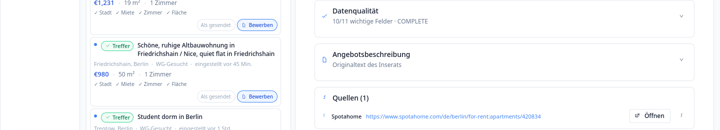 Der Abschnitt Quellen auf einem Objekt: der Name der Quelle, die Adresse des ursprünglichen Exposés und eine Schaltfläche zum Öffnen.